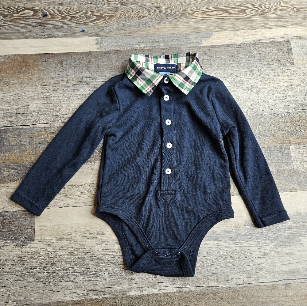 Andy & Evan Navy Blue Body Suit With Green Plaid Collar 12 Months